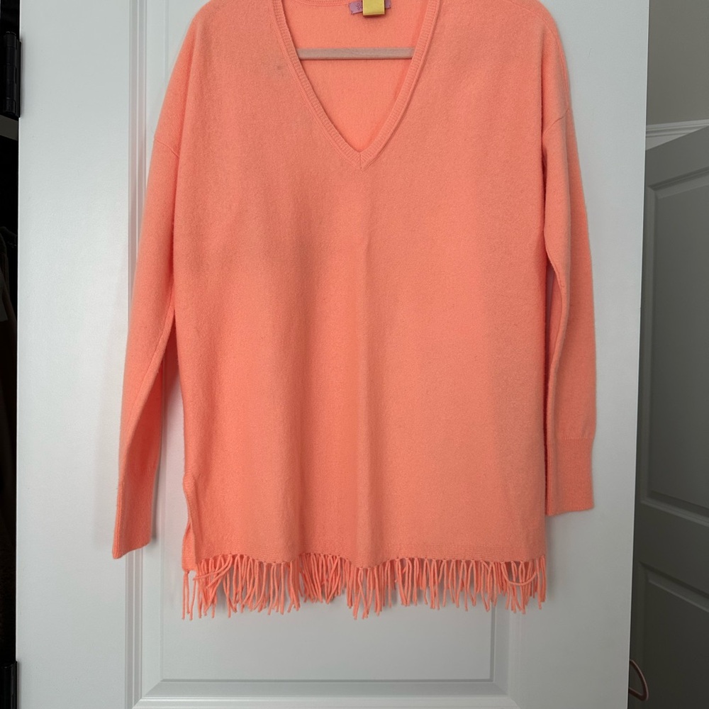 Fringed V-Neck Sweater - Coral